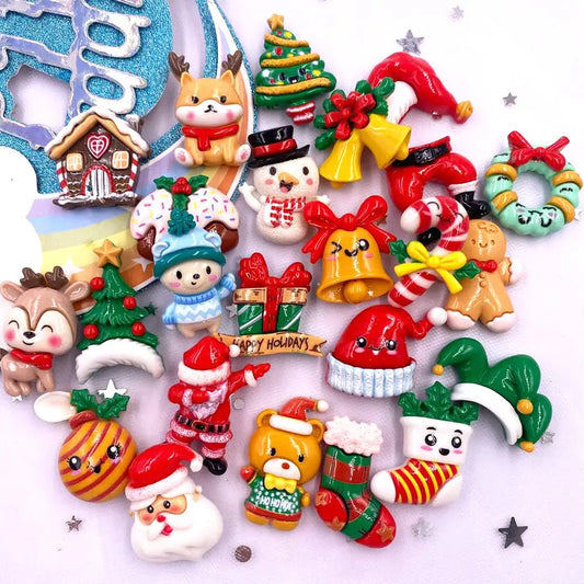 Set of 10 Kawaii Christmas Resin Figurines – Santa, Tree, Snowman & Bell Decorations for DIY Crafts
