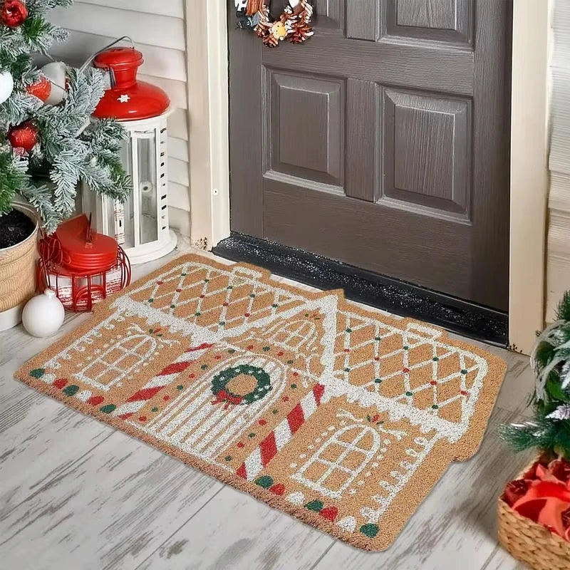 Christmas Entrance Rug – Gingerbread House Design, Non-Slip & Washable