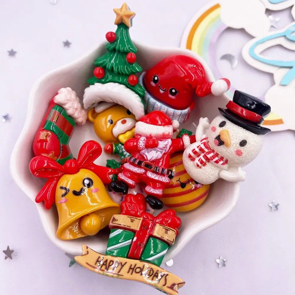 Set of 10 Kawaii Christmas Resin Figurines – Santa, Tree, Snowman & Bell Decorations for DIY Crafts