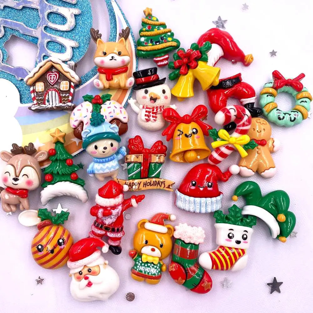 Set of 10 Kawaii Christmas Resin Figurines – Santa, Tree, Snowman & Bell Decorations for DIY Crafts