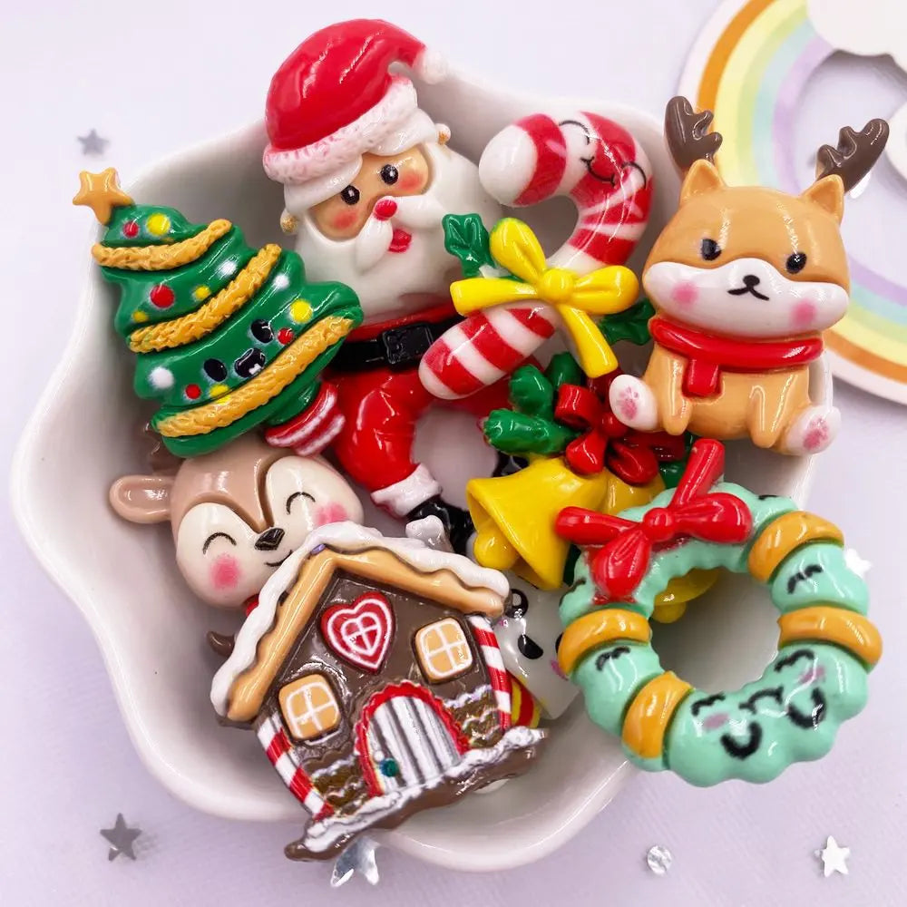 Set of 10 Kawaii Christmas Resin Figurines – Santa, Tree, Snowman & Bell Decorations for DIY Crafts